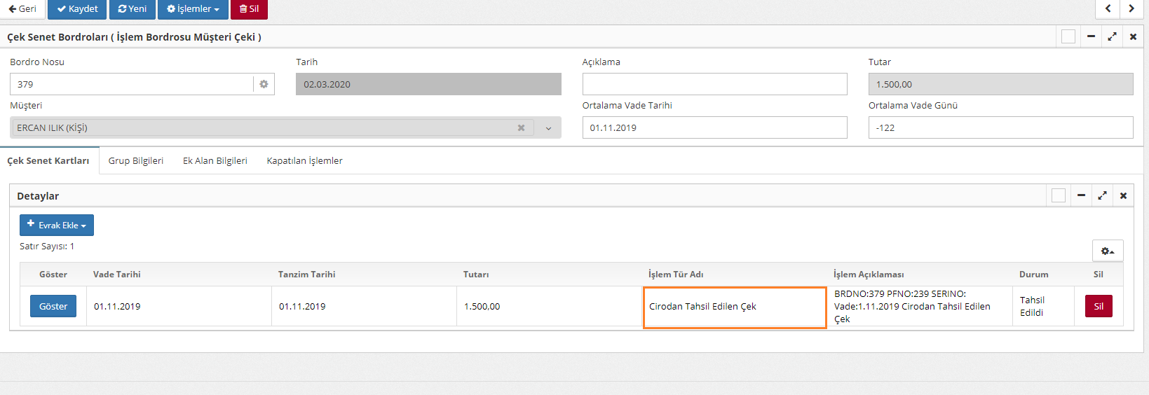 cirodan tahsil edilen çek
